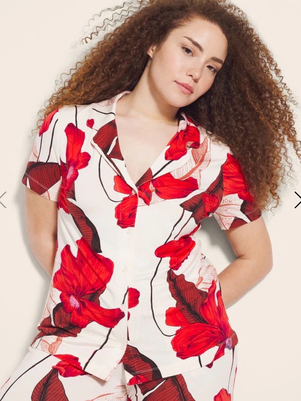 Soma Pajama Top Red Floral Button-Up Short Sleeve Notch Collar cool nights